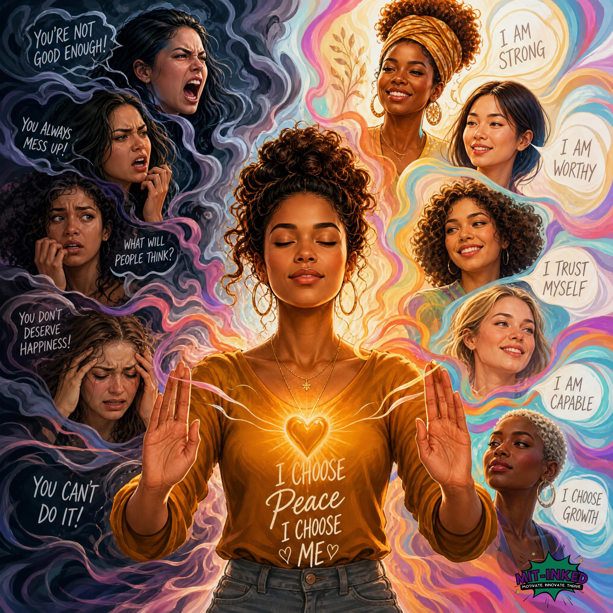 Vibrate illustration of a multiracial female controlling her internal voices is a transformative journey that requires self-awareness, self-compassion, and dedicated practice.  MIT-Inked AI generated image