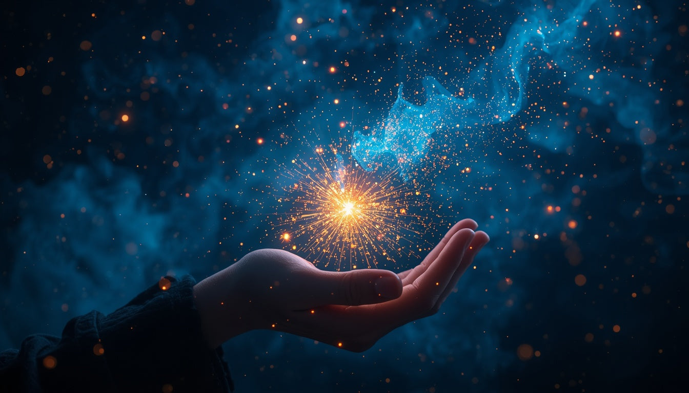 The Magic Secret. The Power of Both an innovator and an influencer. Hand holding a golden spark, lighting the universe.  MIT-inked.com