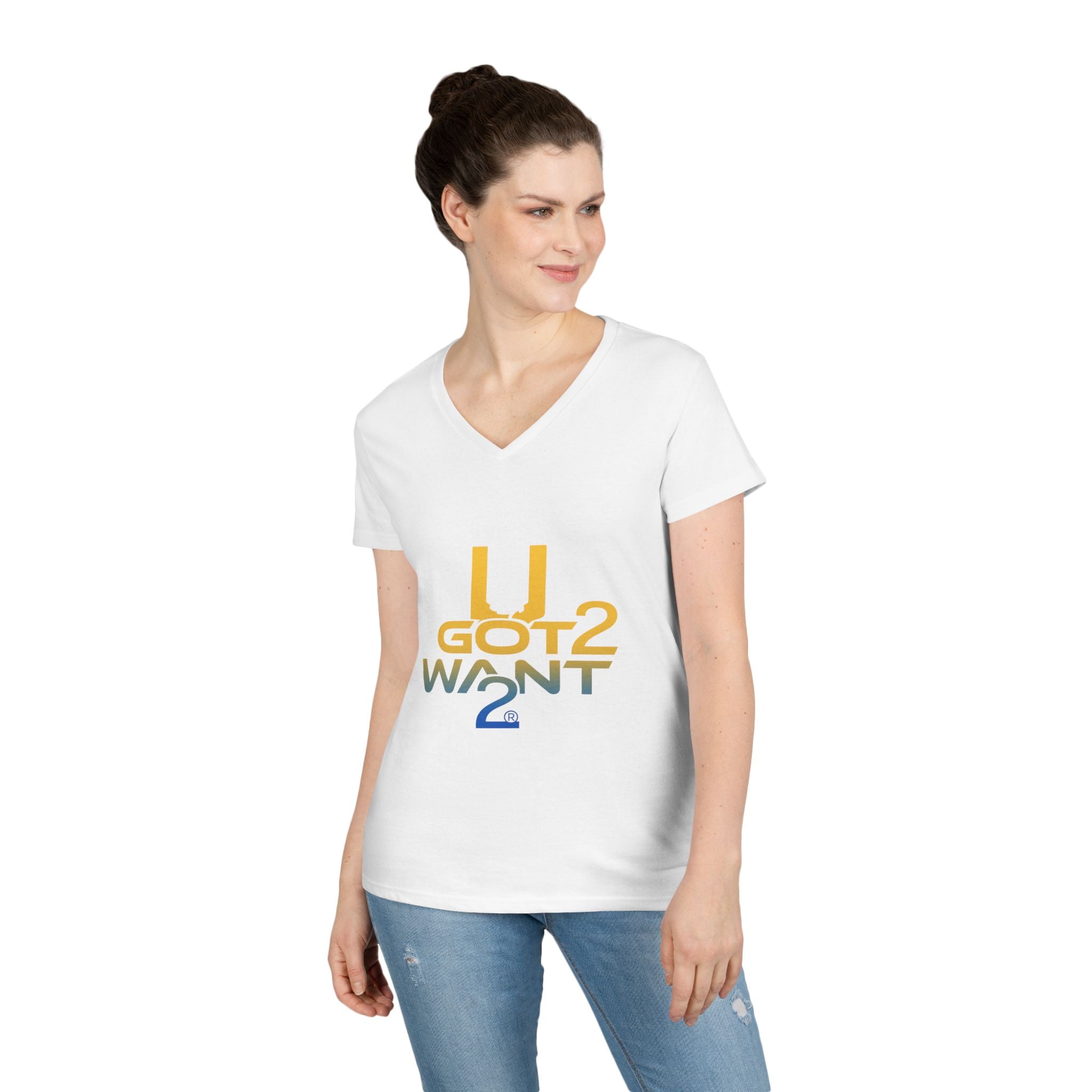 Ladies' V-Neck T-Shirt — "U Got 2 Want 2" Retro Typography Tee