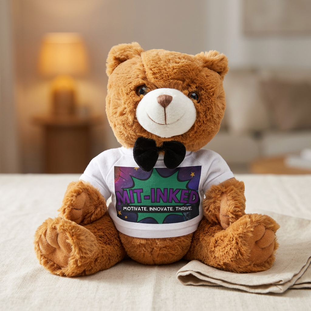 Plush Teddy Bear with Custom MIT Inked Universe T‑Shirt