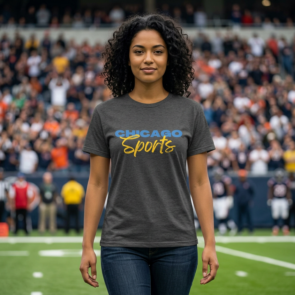 Chicago Sports MIT-Inked T-Shirt | Blue Block & Yellow Script Athletic Tee.  AI generate image. Printify
