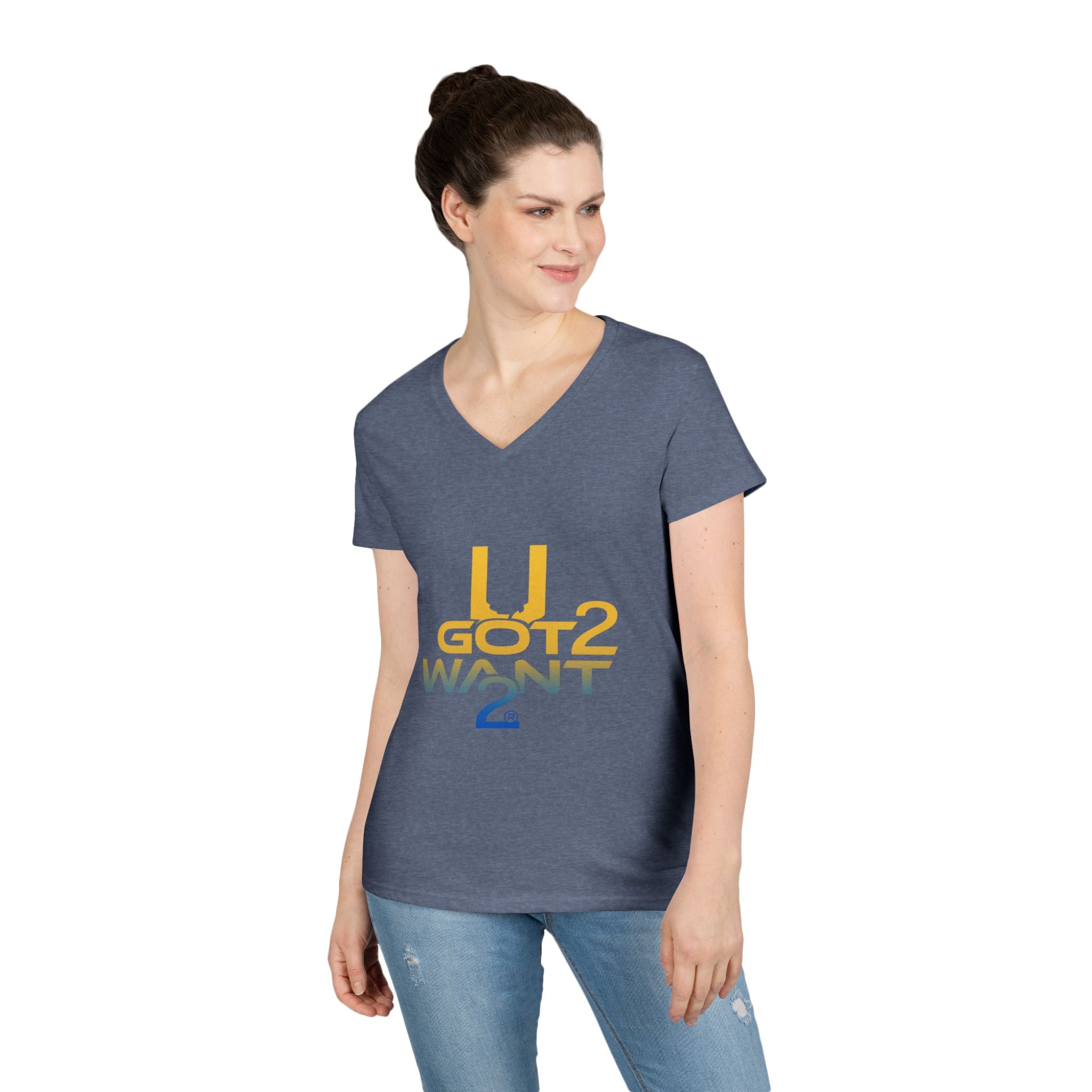Ladies' V-Neck T-Shirt — "U Got 2 Want 2" Retro Typography Tee