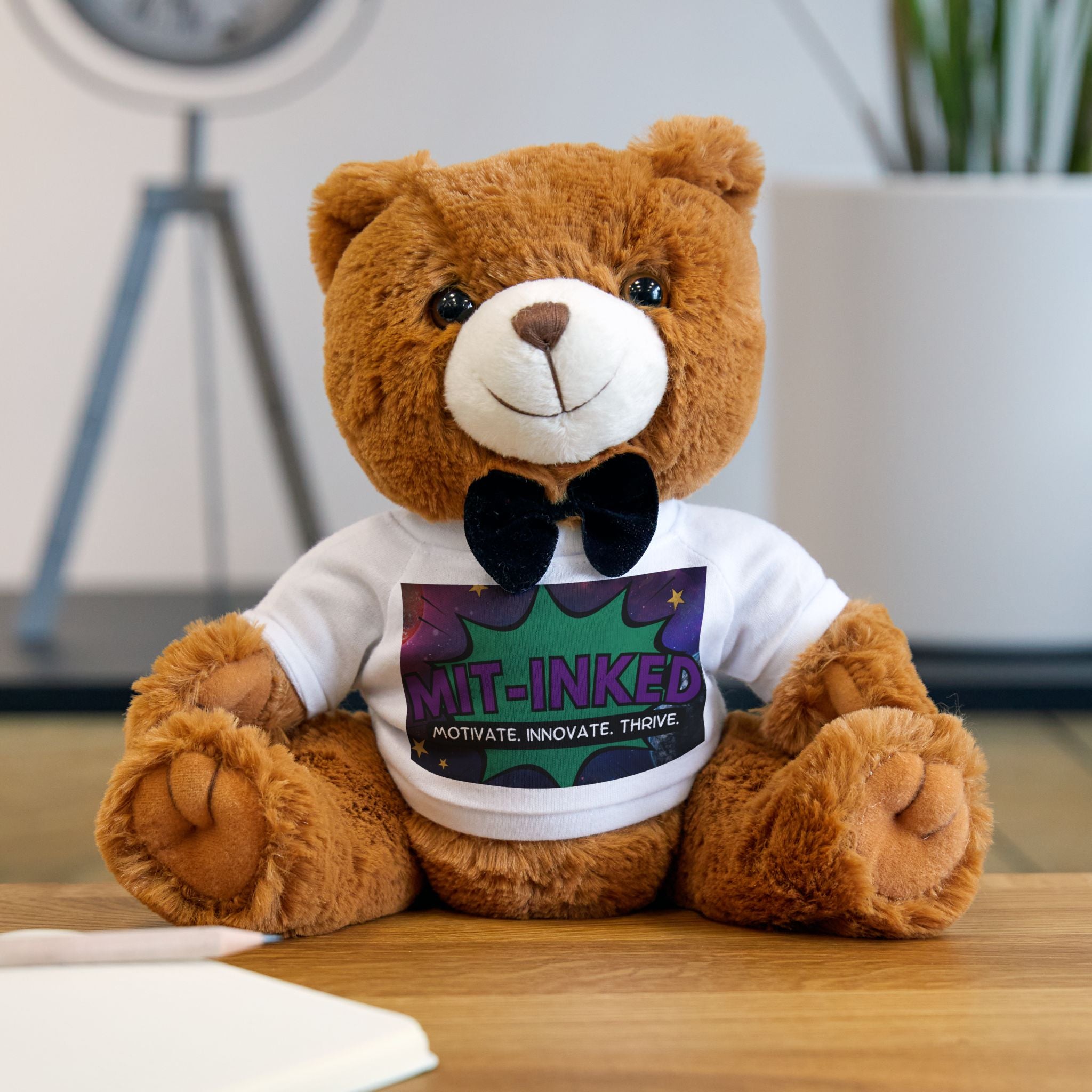 Plush Teddy Bear with Custom MIT Inked Universe T‑Shirt