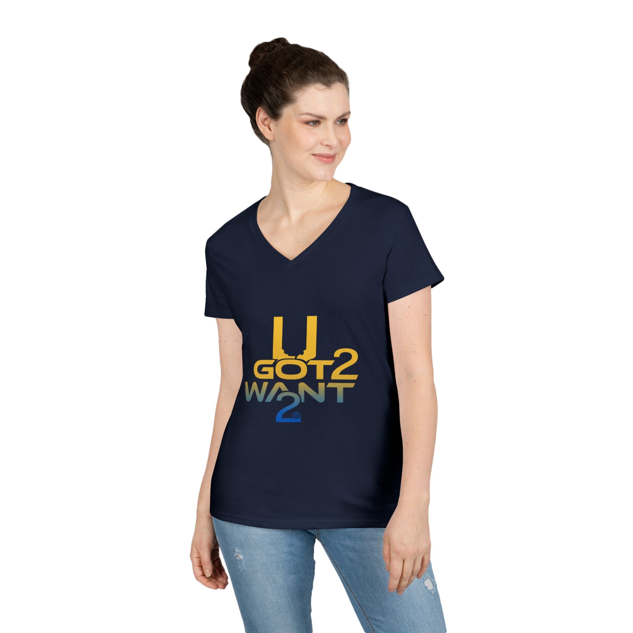 Ladies' V-Neck T-Shirt — "U Got 2 Want 2" Retro Typography Tee