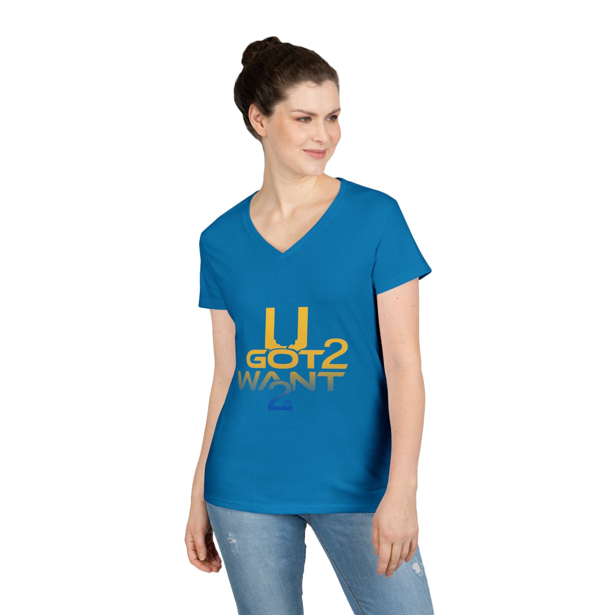 Ladies' V-Neck T-Shirt — "U Got 2 Want 2" Retro Typography Tee
