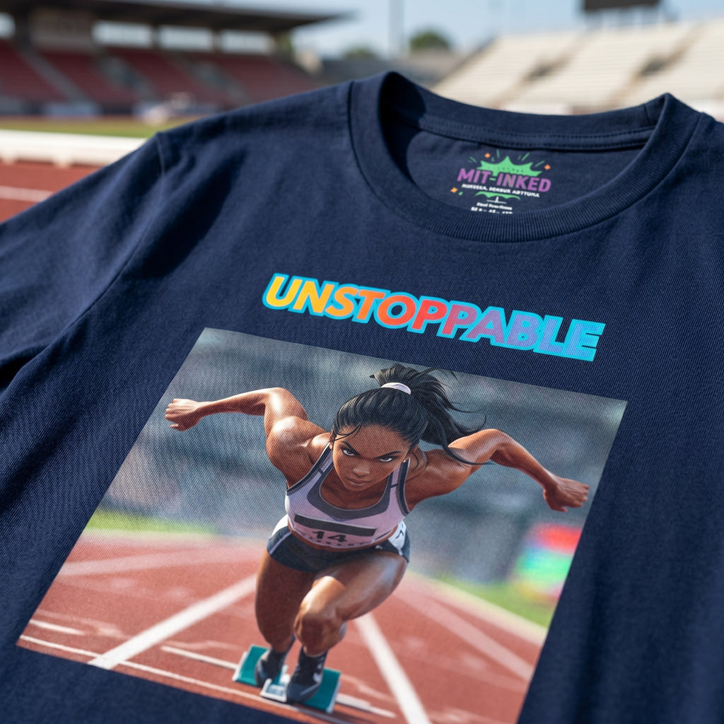 Close-up of the fabric's micro-texture and vivid graphic print of the Unstoppable T-Shirt in an outdoor athletic setting.
