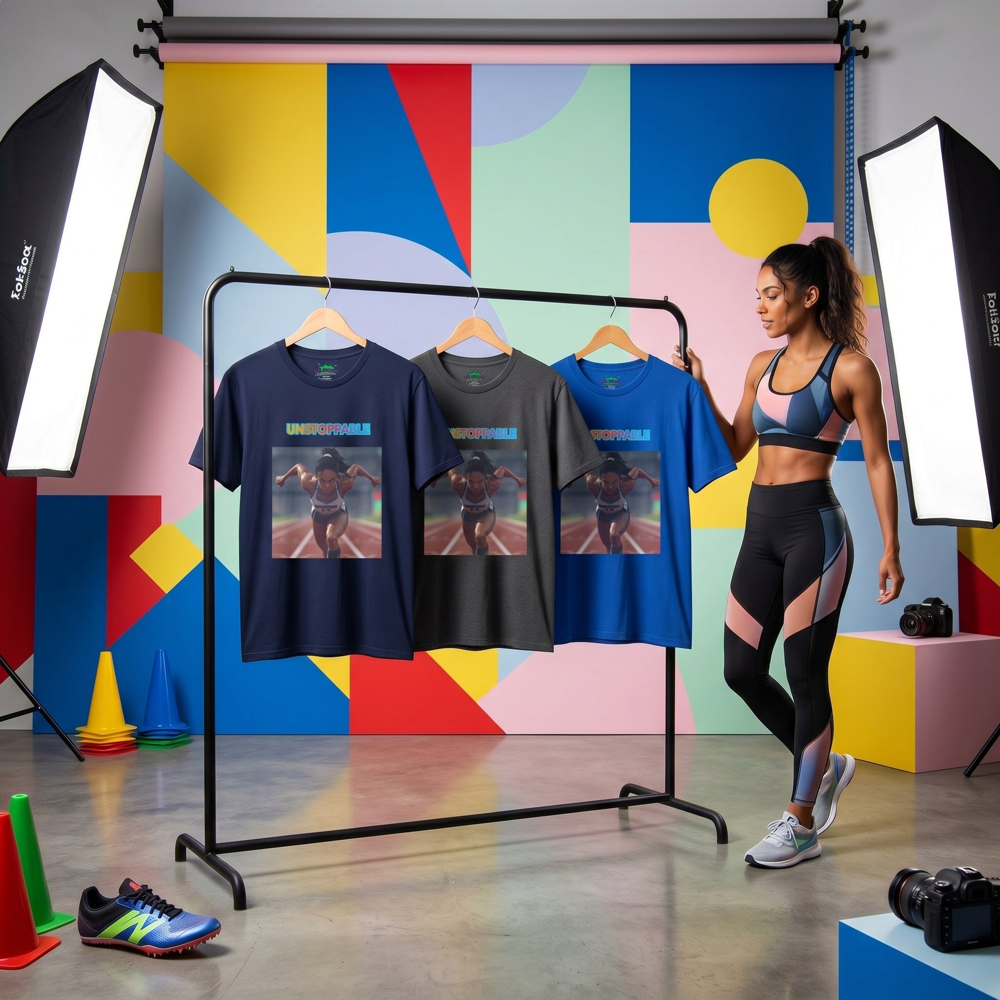 Bright studio scene showing the Unstoppable T-Shirt hanging on a clothing rack with colorful geometric patterns.